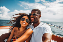 Beautiful Black Couple Enjoying Cruise Vacation On A Sunny Day. Young Couple On Yacht Or Cruise In The Caribbean. Smile For The Camera On Sunny Day.