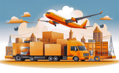 Wall Mural - Cargo logistics concept. Industrial container yard for logistic import export business and forklift. Plane and truck loaded with cargo.