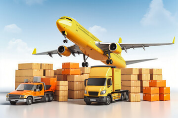 Cargo logistics concept. Industrial container yard for logistic import export business and forklift. Plane and truck loaded with cargo.