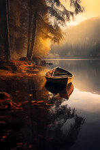 Rowboat Imoored In Cove At Dawn