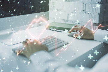 Poster - Creative abstract heart pulse hologram and hands typing on computer keyboard on background, online medical consulting concept. Multiexposure