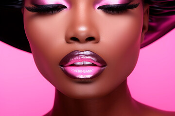 Beautiful black skin woman with pink lips, fashion make up eyeshadow, on pink background