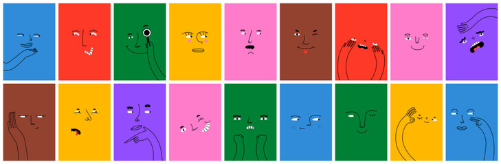 Wall Mural - diverse people face doing funny hand gesture and emotion. colorful avatar design set, modern flat ca