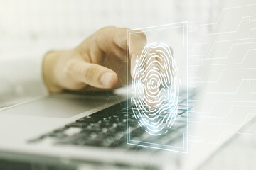 Aufkleber - Double exposure of abstract creative fingerprint hologram with hands typing on laptop on background, protection of personal information concept