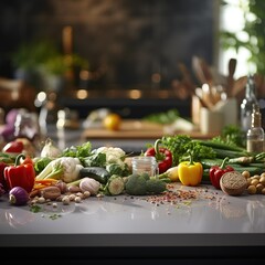 Fresh clean vegetables being put on a kitchen desk top, ready for cooking, front view of modern kitchen countertop with domestic culinary utensils on it, home healthy cooking concept banner