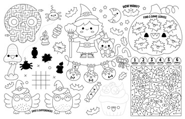 Wall Mural - Vector kawaii Halloween placemat for kids. Fall holiday printable activity mat with maze, tic tac toe chart, connect the dots, find difference. Black and white autumn play mat or coloring page.