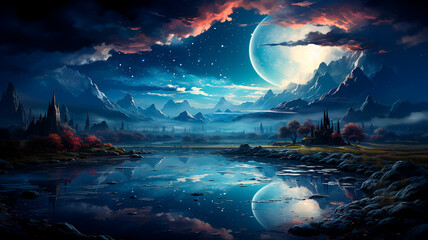 Wall Mural - fantasy landscape with a beautiful lake and a moon, illustration