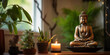 Feng Shui Zen meditation corner, Buddha statue, incense holder, clean space, vibrant green plants, low sitting cushions