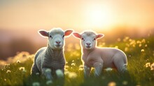 Lamb And Her Mother Sheep On The Meadow On A Sunset View. AI Generated Image