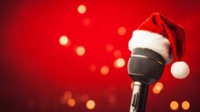 Santa Claus Hat On Microphone On Shiny Celebration Red Background