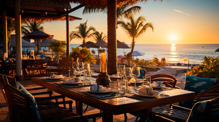 Wall Mural - romantic sunset at beach with wooden table in the ocean, thailand.