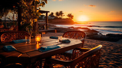 Wall Mural - romantic sunset at beach with wooden table in the ocean, thailand.