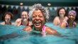 seniors doing water exercises, Group of elder women at aqua gym session, joyful group of friends having aqua class in swimming pool.