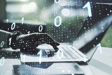 Poster - Double exposure of creative abstract binary code hologram and hands typing on laptop on background. Database and programming concept
