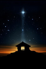Christmas Background Nativity Scene: A Bright Star Shines In The Holy Night Sky Over The Manger Silhouette Where Jesus Is Born
