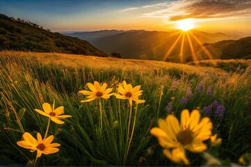 Wall Mural - A Meadow Bathed in Sunlight and Golden Sparkles