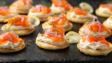 Mini Blini Pancakes With Soft Cheese, Cold Smoked Salmon And Dill