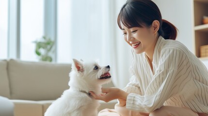 Asian women playing with funny dog. AI generated image