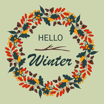 Wreath of colorful autumn leaves and rowan berries. Greeting or invitation card design. Vector circle frame
