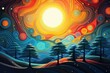 © Wizzi - a fantasy landscape with pine trees and sun in the sky. Abstract background for Winter Solstice.