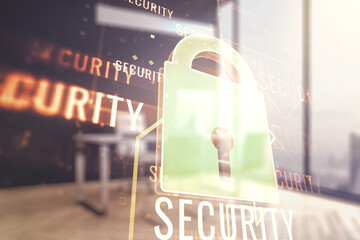 Aufkleber - Double exposure of creative lock hologram with chip and modern desktop with laptop on background. Information security concept