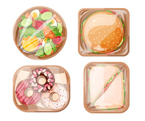 Takeout food in plastic containers set vector illustration. Cartoon isolated takeaway food in vacuum trays, ready to eat fast food collection with sandwiches and donuts, salad and burger packs