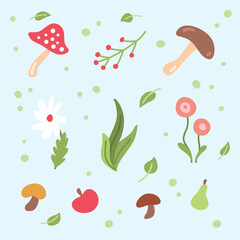 Canvas Print - Cartoon Color Autumn Floral and Plants Collection Concept Flat Design Style Include of Berry Branch and Mushroom. Vector illustration