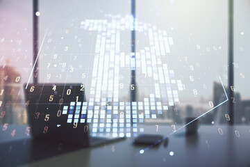 Poster - Creative Bitcoin concept and modern desktop with computer on background. Multiexposure