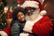 Little black boy stay near Santa, wish list of presents for Christmas in decorated room