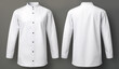 A 3D rendering of a blank white chef's jacket with buttons, mockup viewed from the front, set within an isolated restaurant or hotel environment.