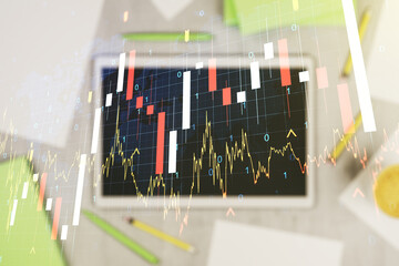 Poster - Multi exposure of abstract creative financial graph with world map and modern digital tablet on background, top view, forex and investment concept