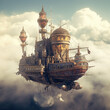 Airship race through the clouds in a steampunk world