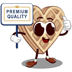 Wall Mural - vector mascot character from a heart-shaped waffle cake carrying a sign that says premium quality while giving a thumbs up