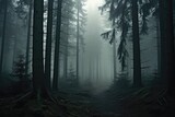 Fototapeta Las - Spooky Forest Shrouded In Fog