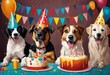 AI generated illustration of four excited, happy dogs gathered around a table with a birthday cake