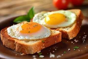 Wall Mural - Fried eggs for breakfast. Background with selective focus and copy space