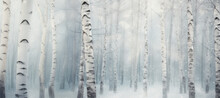 White Landscape Panorama Of Winter Forest With Tall Birch Trees In Soft Mist And Falling Snowflakes