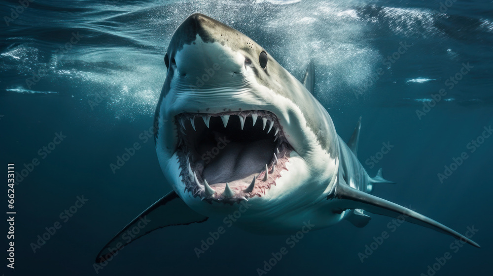 Great white shark in the water with its mouth open with teeth Stock ...