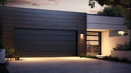 Sticker - Modern new garage door sectional door. Wood effect metal gate. Generative AI