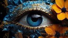  A Close Up Of A Blue Eye With Yellow Flowers Around It.  Generative Ai