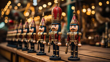Several Christmas Nutcrackers In A Row, On A Wooden Table, Ornaments And Christmas Decorations