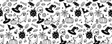Monochrome Seamless Pattern Of Cute Halloween Hand Drawn Doodle. Black And White Background With Ghost, Witch Hat, Skull, Bones, Cauldron, Potion, Candles, Raven, Leaves, Stars, Bat, Spider, Cobweb