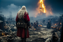 Santa Claus Post Apocalyptic Scene, Back View, With Homeless People, And A Burning Building In The Background, Christmas Concept