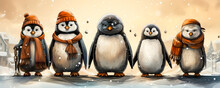 A Group Of Penguins Dressed In Colorful Hats And Scarves Are Smiling In The Snow, Winter, Christmas,