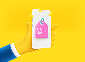 Poster - Businessman holding smartphone with sale label on the screen. 3d vector illustration