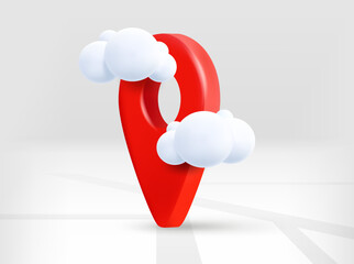 Aufkleber - Red navigation pin with road map and clouds. 3d vector isolated illustration
