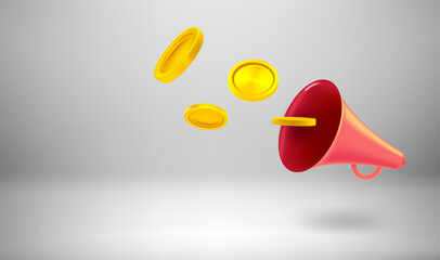 Poster - Loudspeaker with golden coins. Vector 3d banner 

