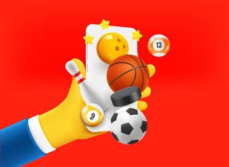 Poster - Businessman holding smartphone with sport entartainment application on the screen. 3d vector illustration