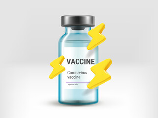 Poster - Vaccine vial with thunderbolts. 3d vector illustration
