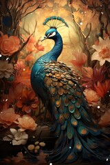 Wall Mural - A painting of a peacock with flowers and leaves, AI